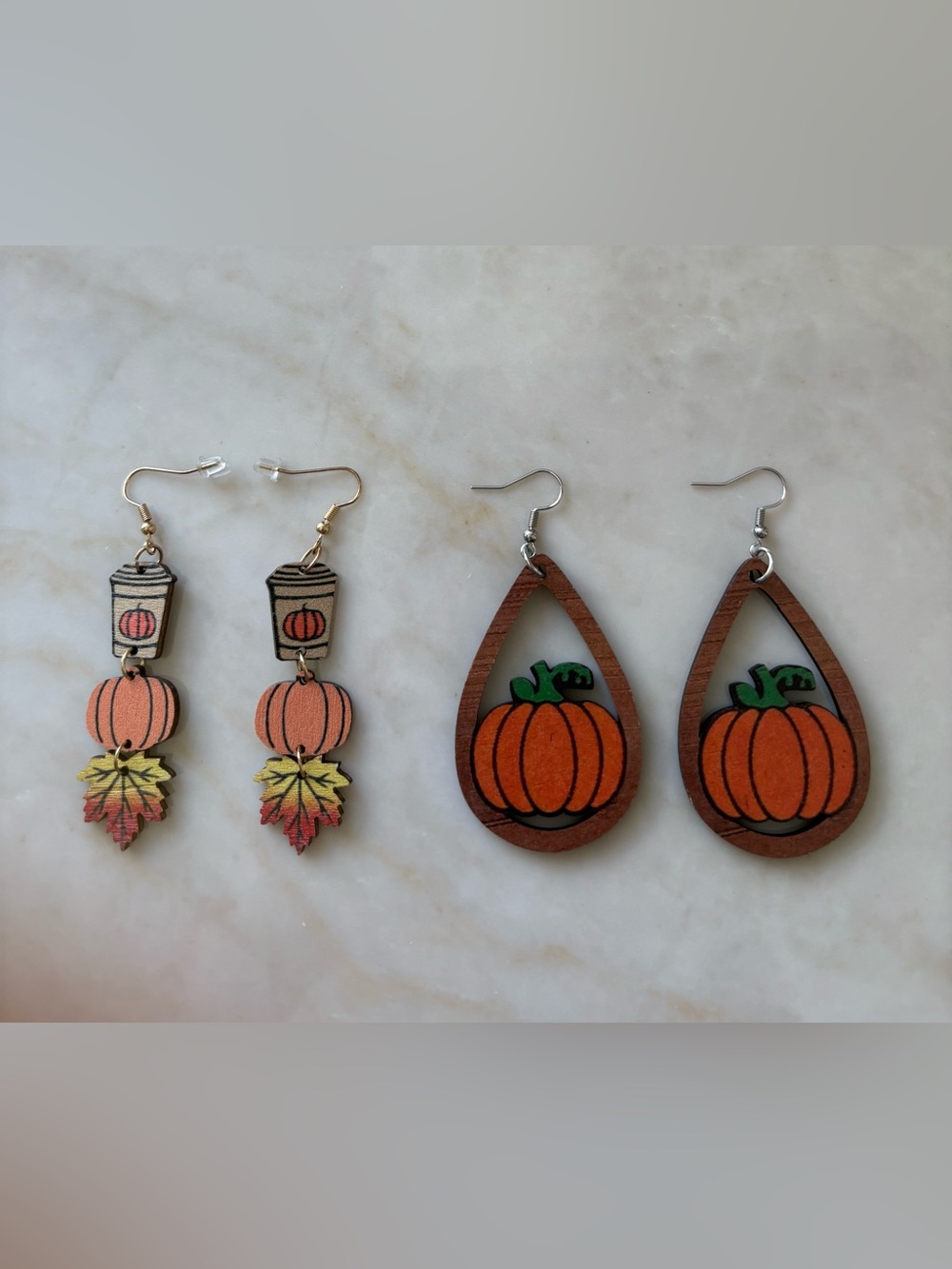 Fall Pumpkin Teardrop Wood Earrings - Orange & Green